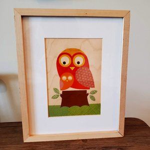 Original Art Print, Petit Collage Owl & Baby on wood, framed, Lorena Siminovich